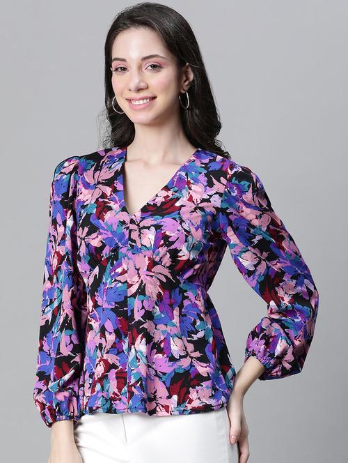women printed puff sleeves peplum top - 20592356 - Standard Image - 0