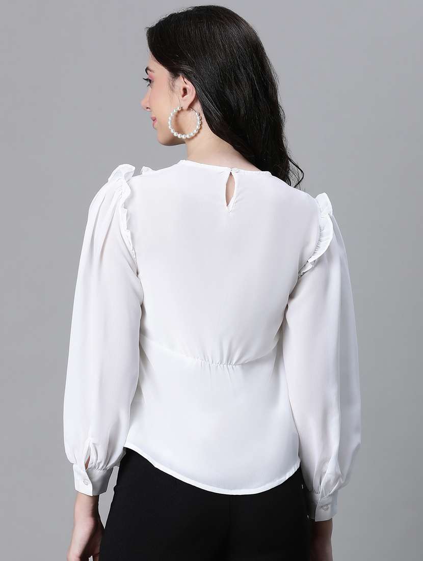 women solid puff sleeves ruffled detailed top - 20592369 -  Standard Image - 3