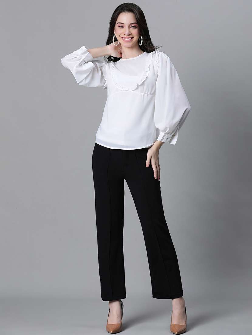 women solid puff sleeves ruffled detailed top - 20592369 -  Standard Image - 5