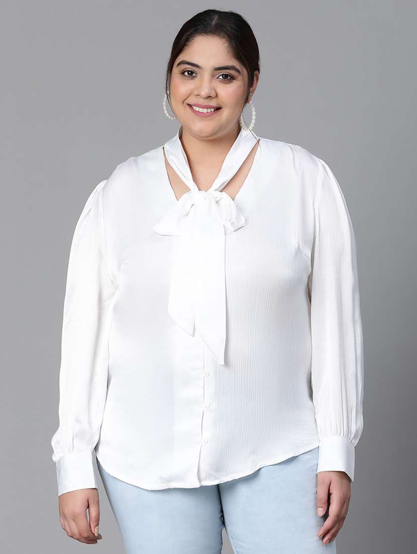 plus size women solid tie up neck top - 20592388 - Zoom Image - 0
