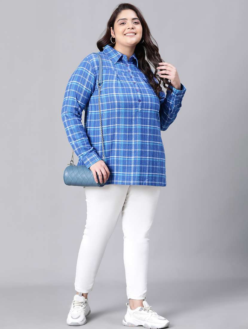 plus size checkered collared straight top - 20592425 -  Standard Image - 5