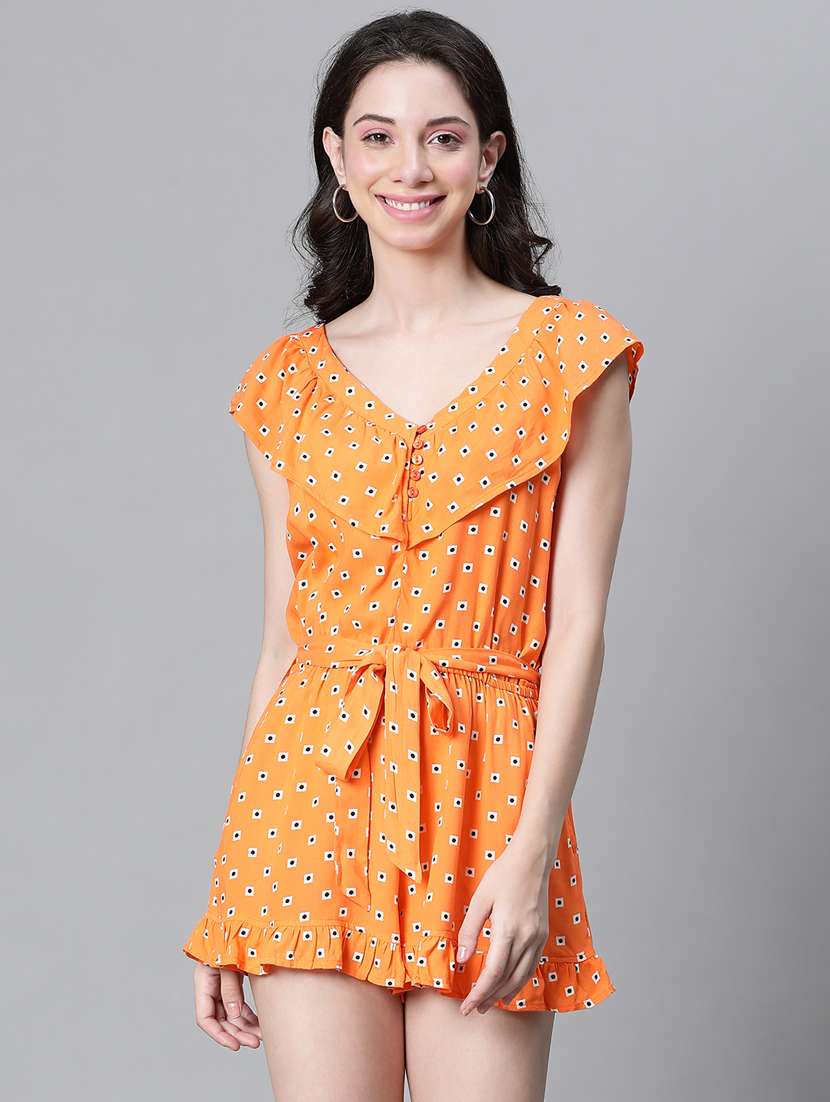 women orange printed detailed romper