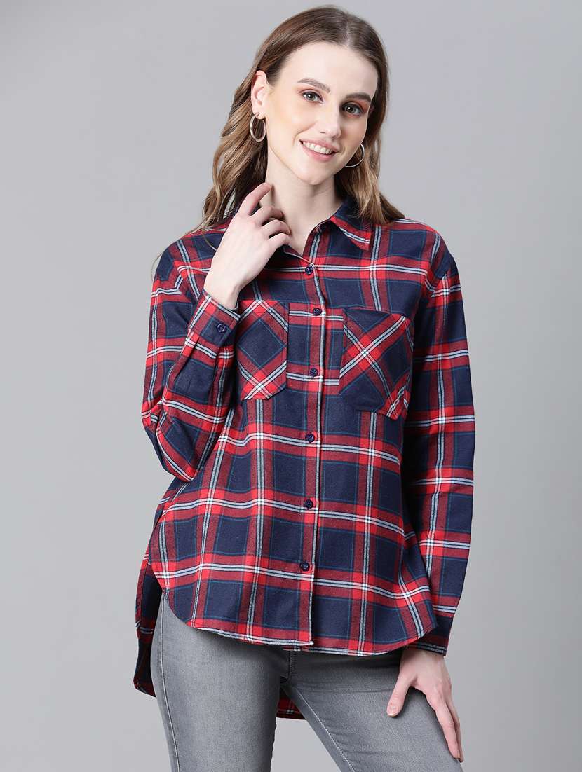 women blue & red checked pocket detailed shirt