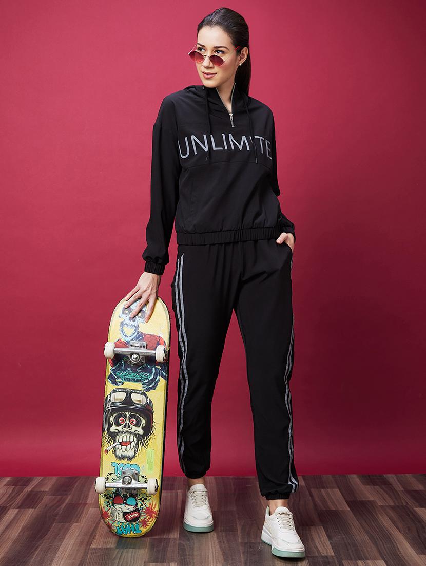 women high rise black solid track pant - 20594207 - Standard Image - 3