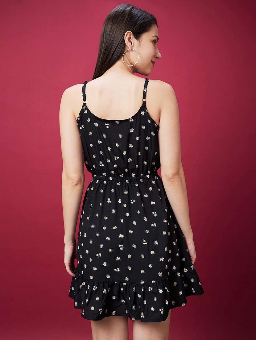 globus women black tie-up neck strappy shoulder floral printed fit & flare mini dress - 20594222 -  Standard Image - 3