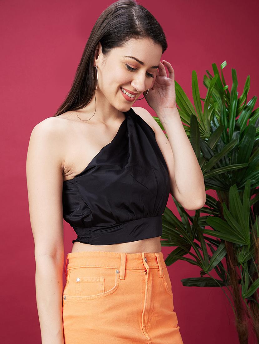 women black solid one shoulder crop top - 20594269 -  Zoom Image - 0