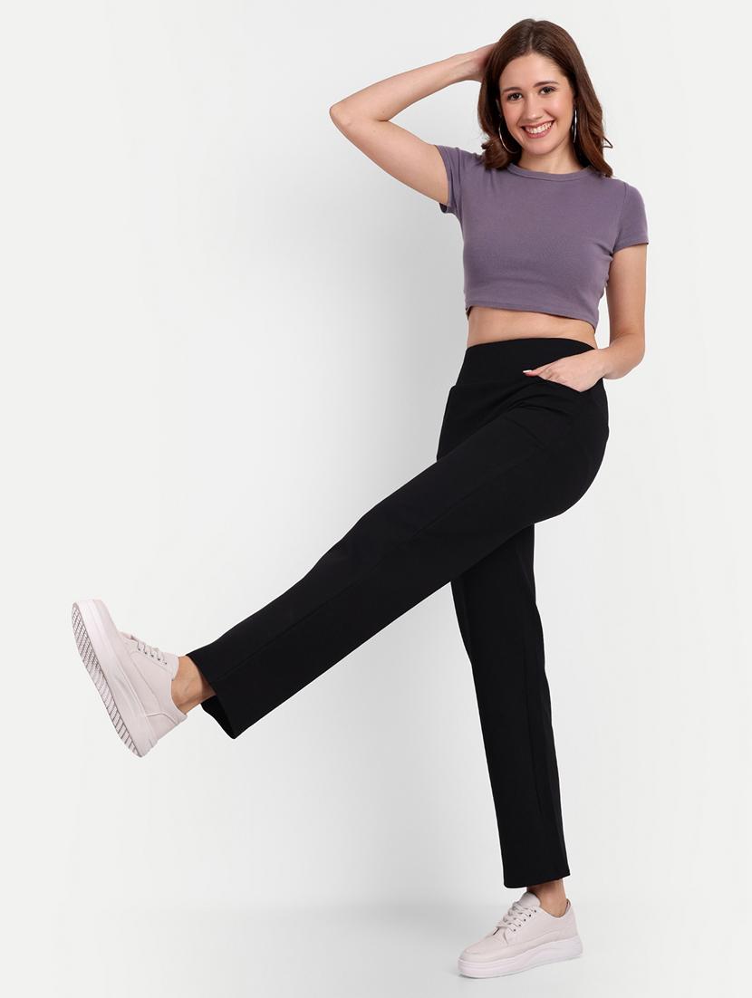 women black solids full length trousers - 20594337 - Standard Image - 3
