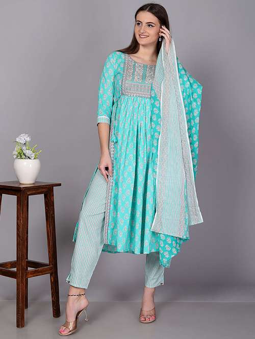 light blue embroidered work printed suit set - 20594413 -  Standard Image - 0