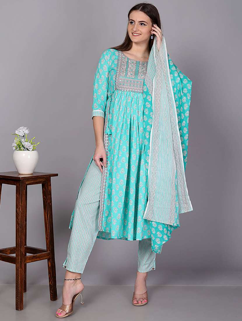light blue embroidered work printed suit set - 20594413 -  Zoom Image - 0