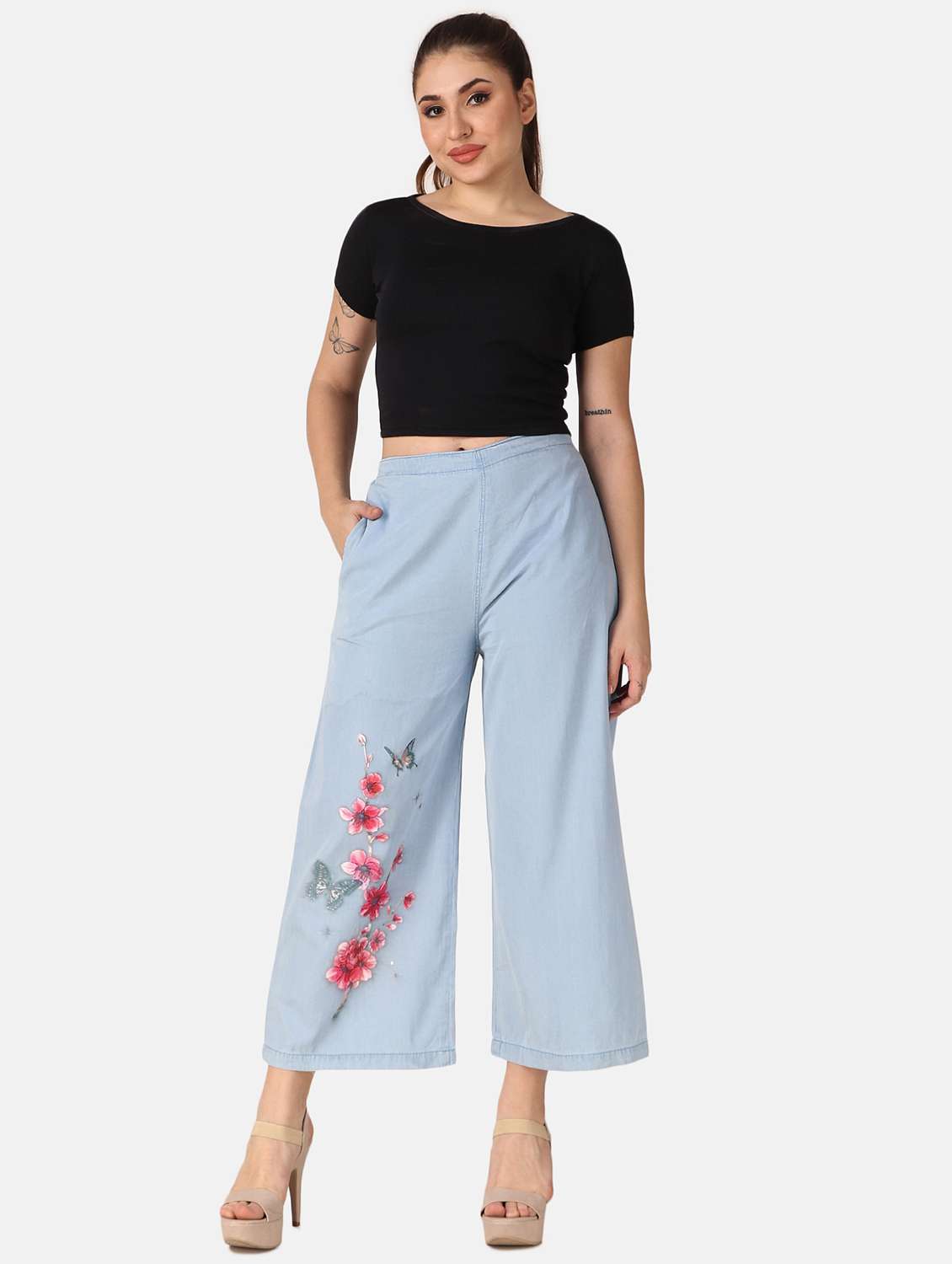 women mid-rise light blue floral printed palazzo - 20594452 -  Standard Image - 3