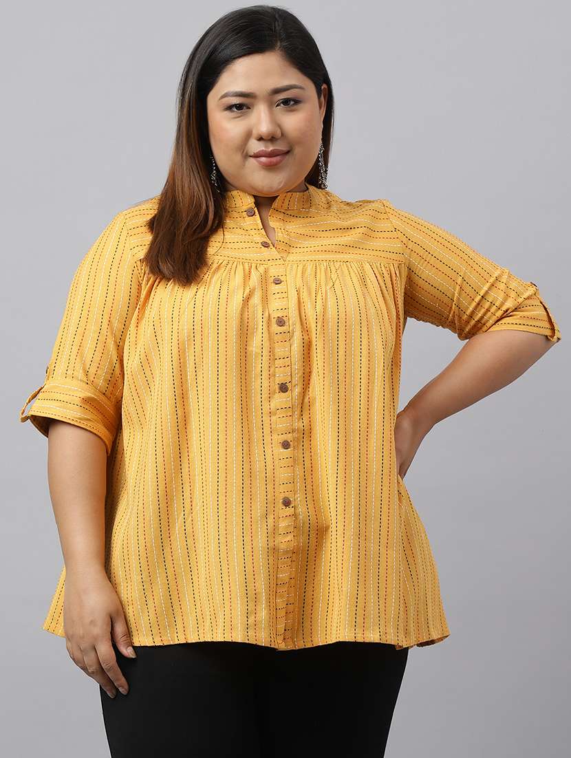 plus size women striped mandarin neck top