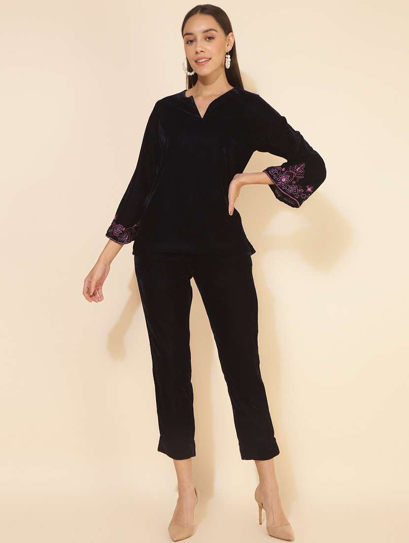 navy blue velvet coord set - 20594493 - Zoom Image - 0