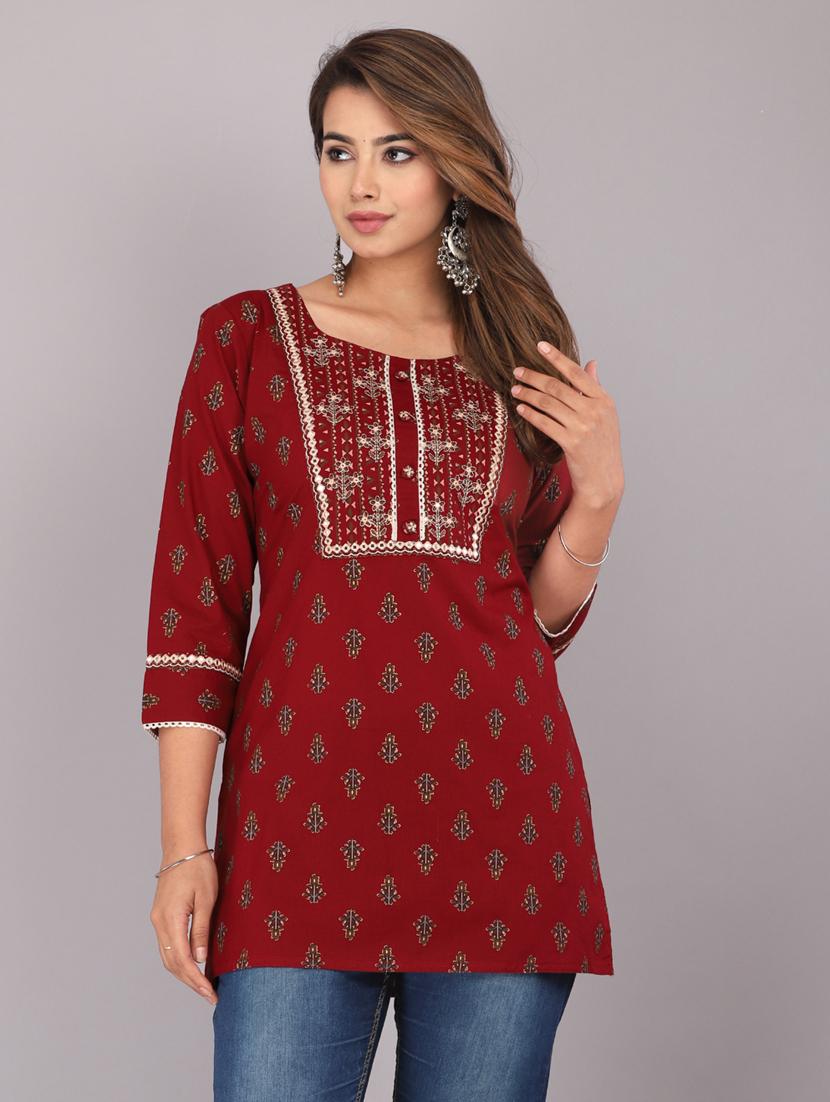 maroon printed rayon short kurti - 20594559 - Zoom Image - 0