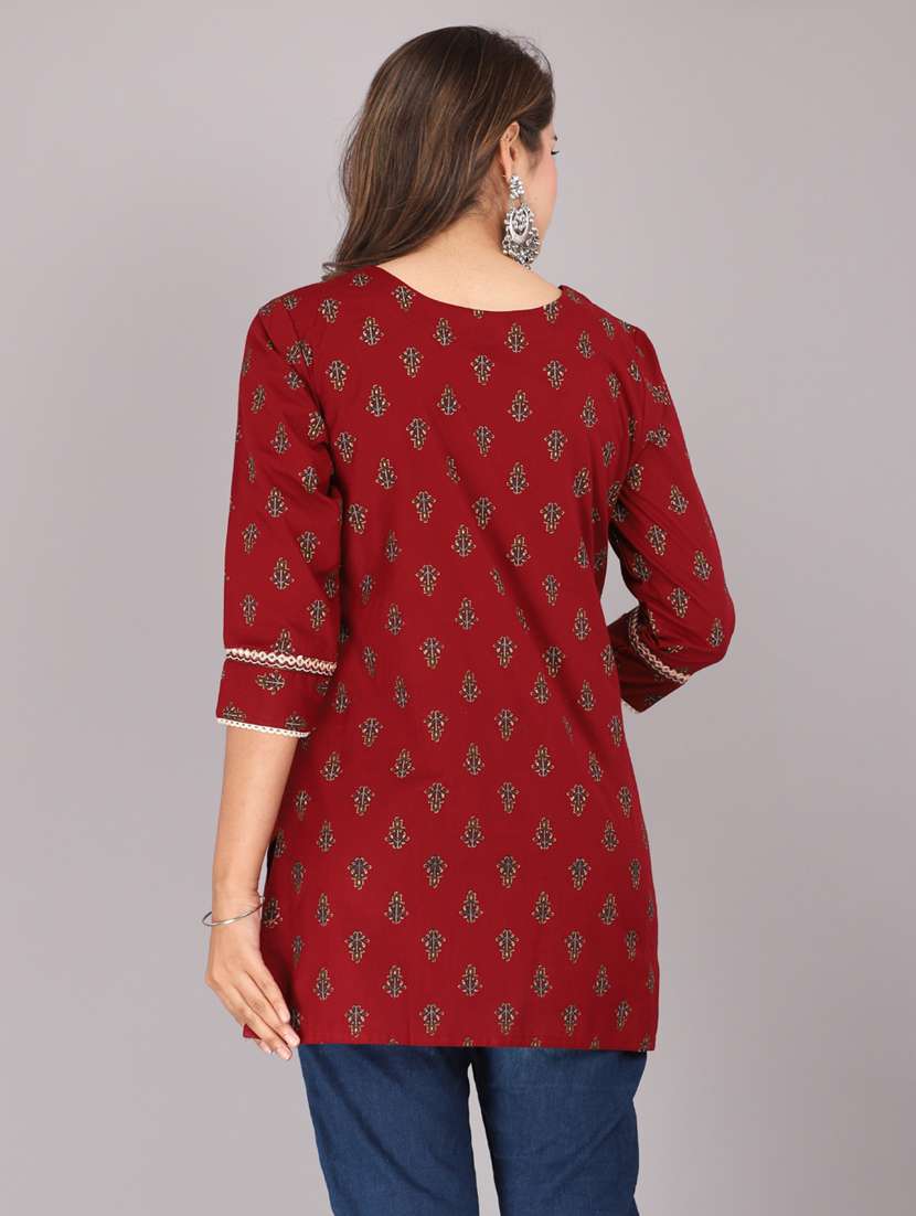 maroon printed rayon short kurti - 20594559 - Standard Image - 3