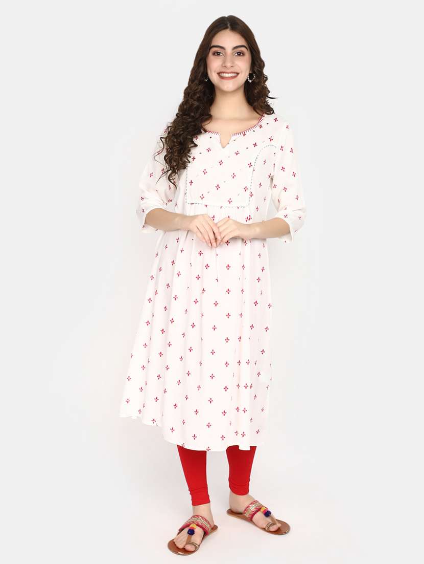 white printed rayon a-line kurta