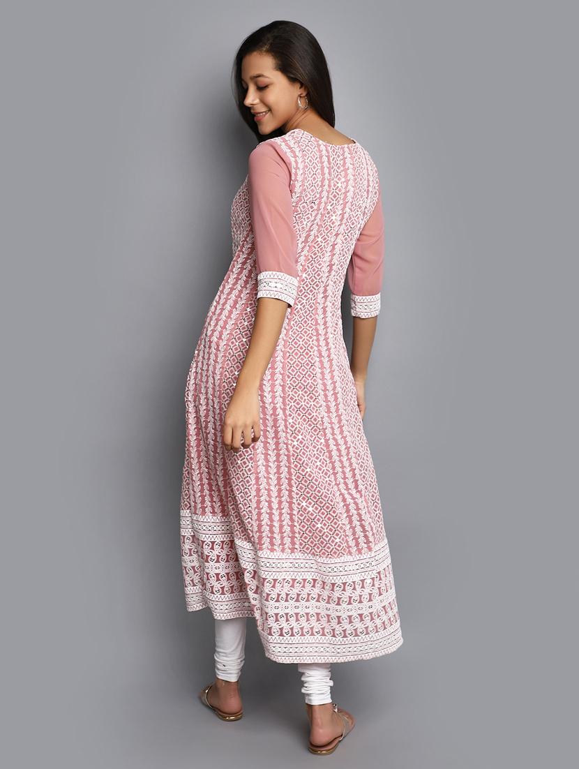 mauve embroidered cotton kalidar kurta - 20594638 - Standard Image - 3