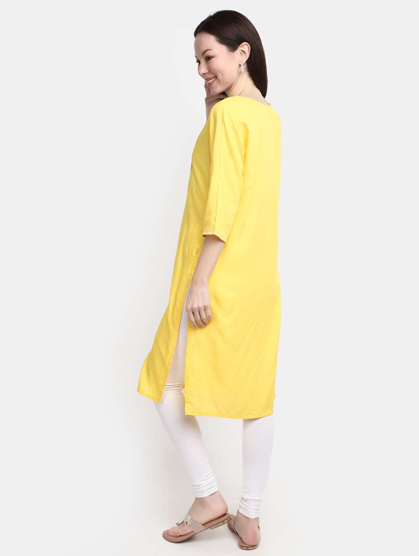 yellow embroidered rayon straight kurta - 20594662 -  Standard Image - 3
