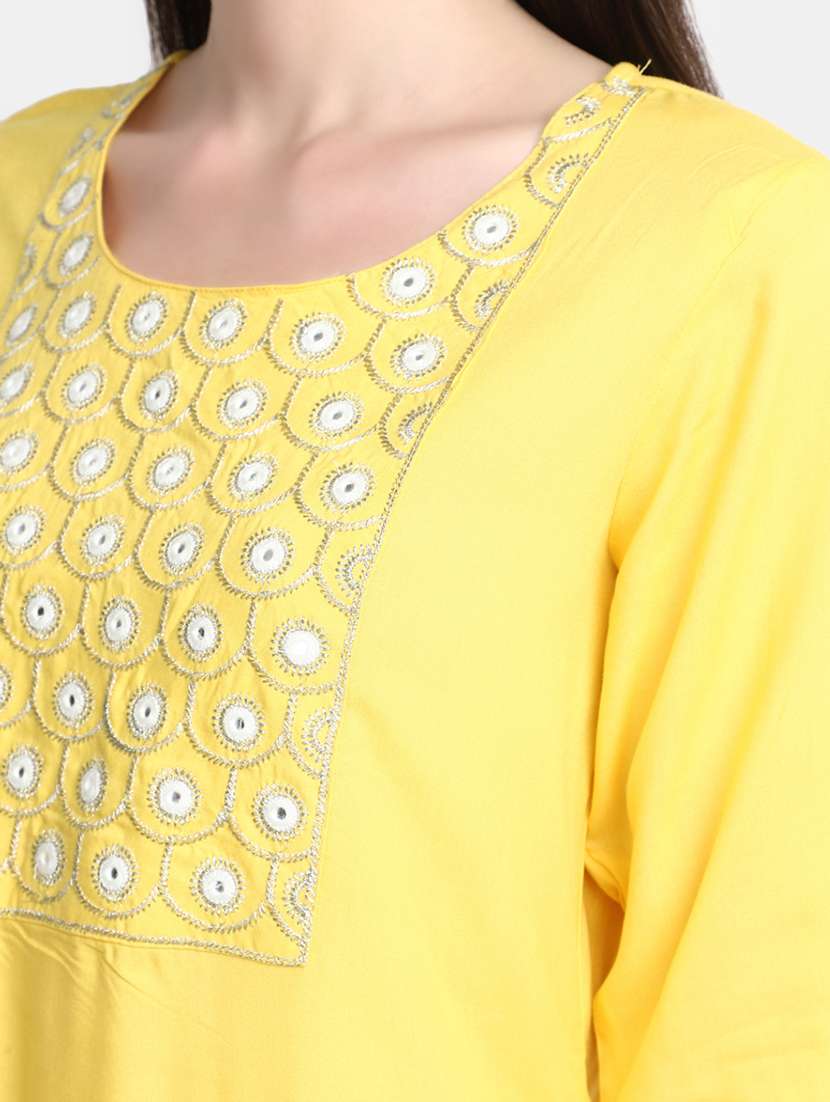 yellow embroidered rayon straight kurta - 20594662 -  Standard Image - 5
