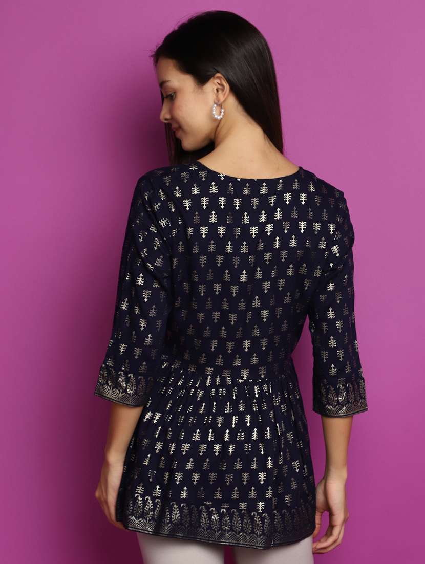 navy blue foil printed a-line kurti - 20594672 -  Standard Image - 3