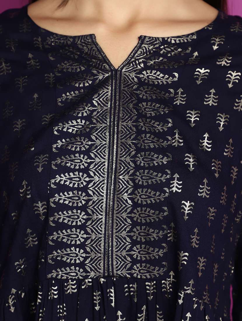 navy blue foil printed a-line kurti - 20594672 -  Standard Image - 5