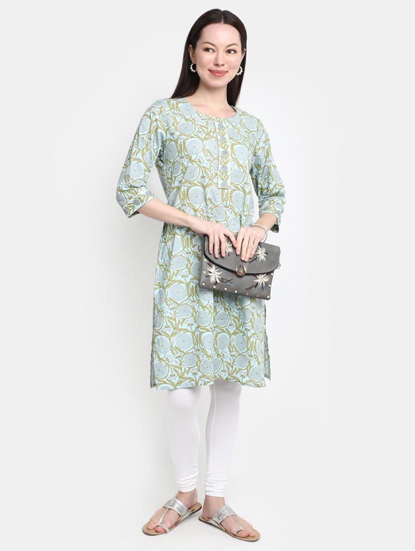light blue floral print rayon straight kurta - 20594683 -  Zoom Image - 0