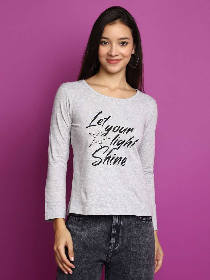 women grey typographic printed regular t-shirt