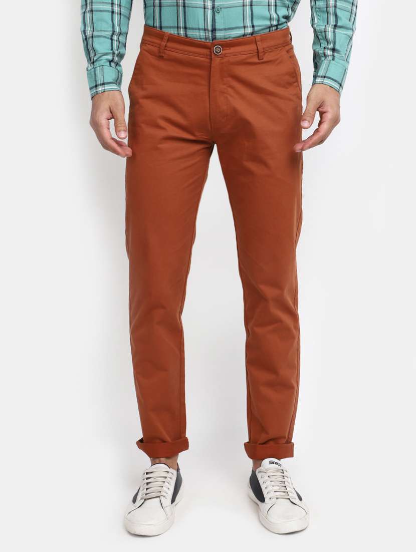 men mid-rise rust solid casual chinos