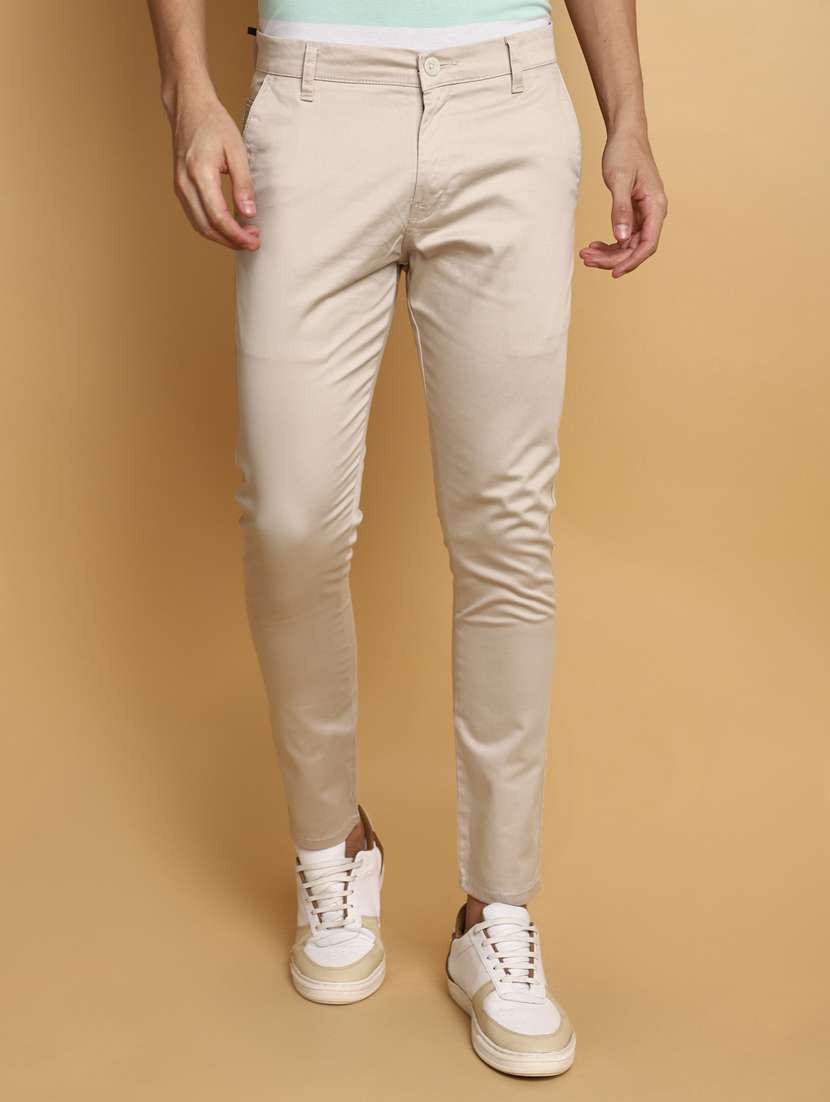 men mid-rise beige solid casual chinos