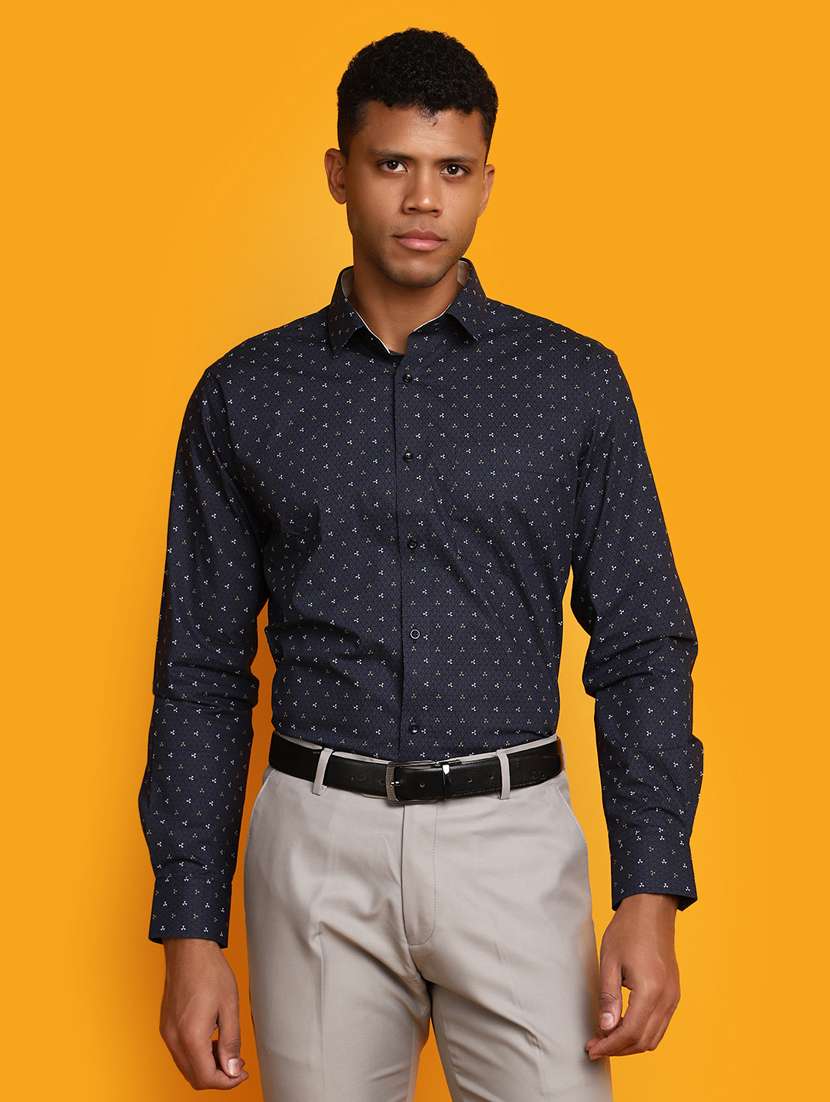 men navy blue printed formal shirt