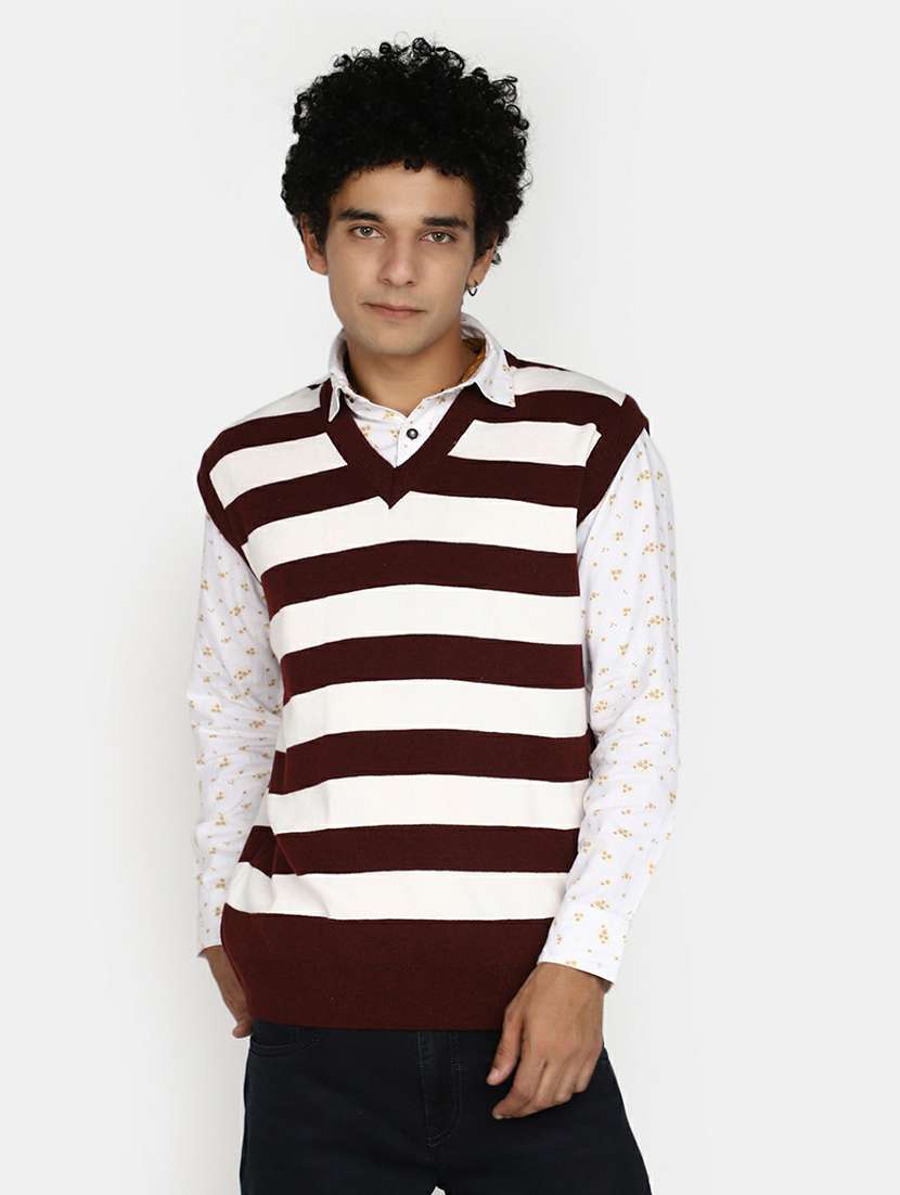 men striped sleeveless regular fit pullover 