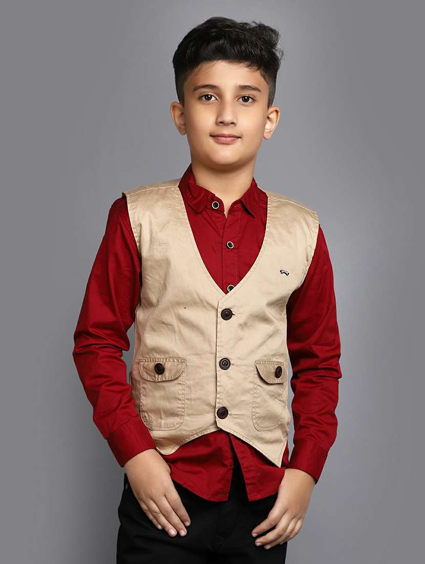 boys red shirt with beige nehru jacket