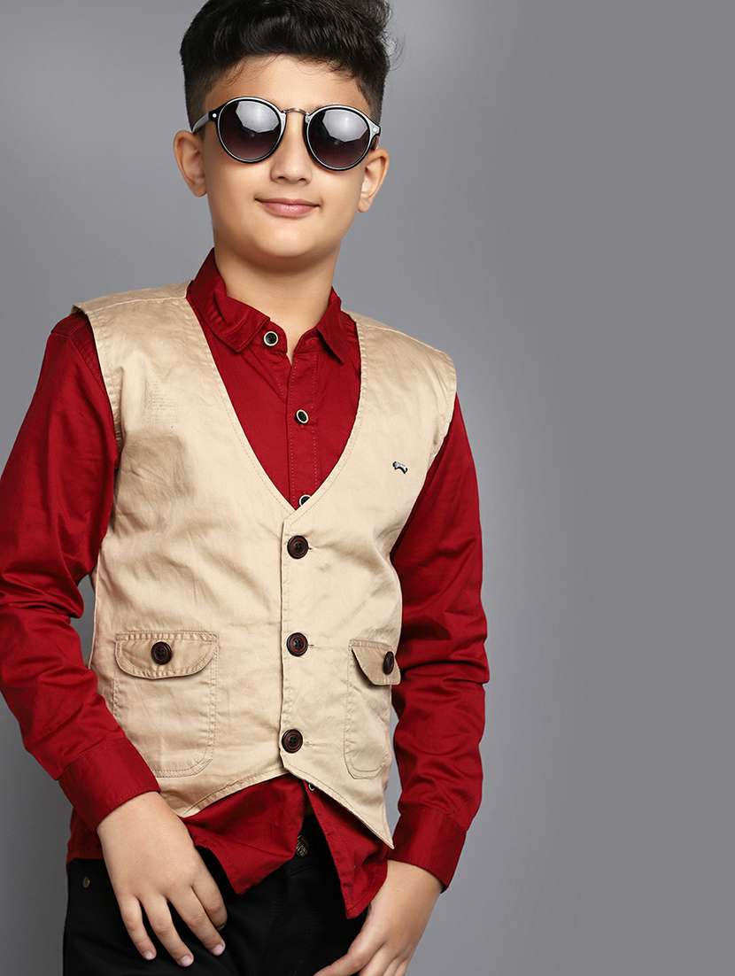 boys red shirt with beige nehru jacket - 20595395 -  Standard Image - 3