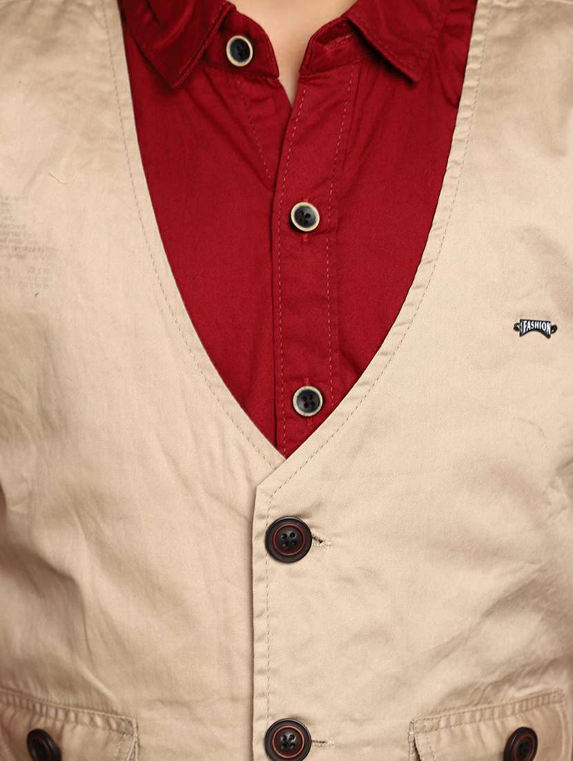 boys red shirt with beige nehru jacket - 20595395 -  Standard Image - 5