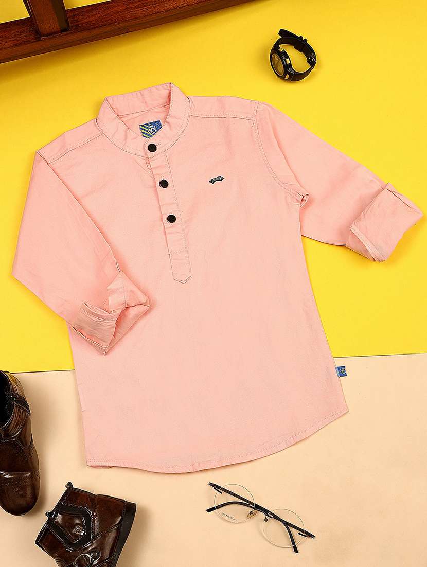 peach solid mandarin collar short kurta