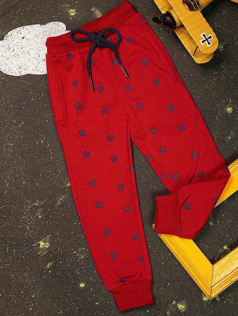 boys red printed casual joggers