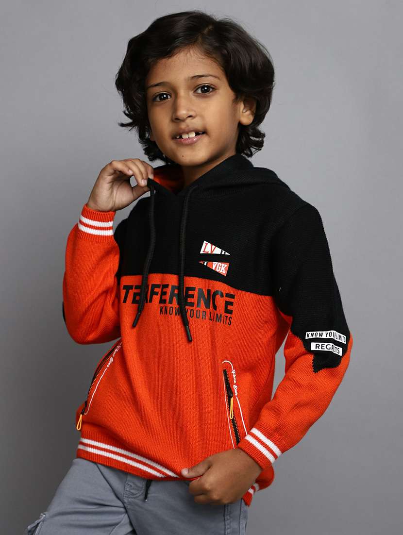 boys orange & black hooded sweater