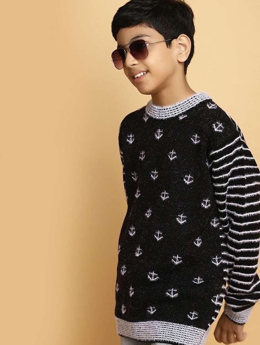 boys black & white self design sweater - 20595705 -  Standard Image - 3