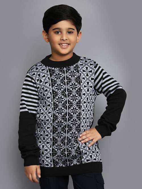 boys black printed round neck sweater - 20595734 -  Standard Image - 0