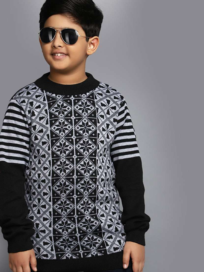 boys black printed round neck sweater - 20595734 -  Standard Image - 3