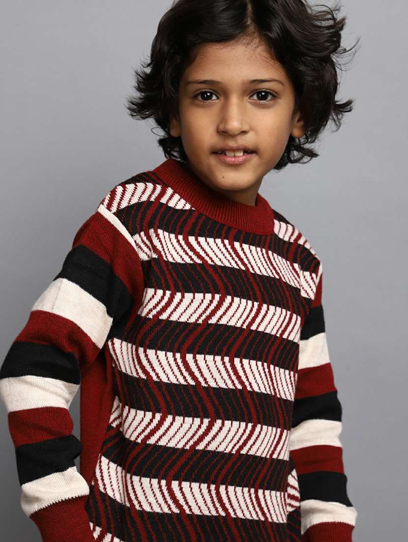 boys maroon striped full sleeve sweater - 20595737 -  Standard Image - 3