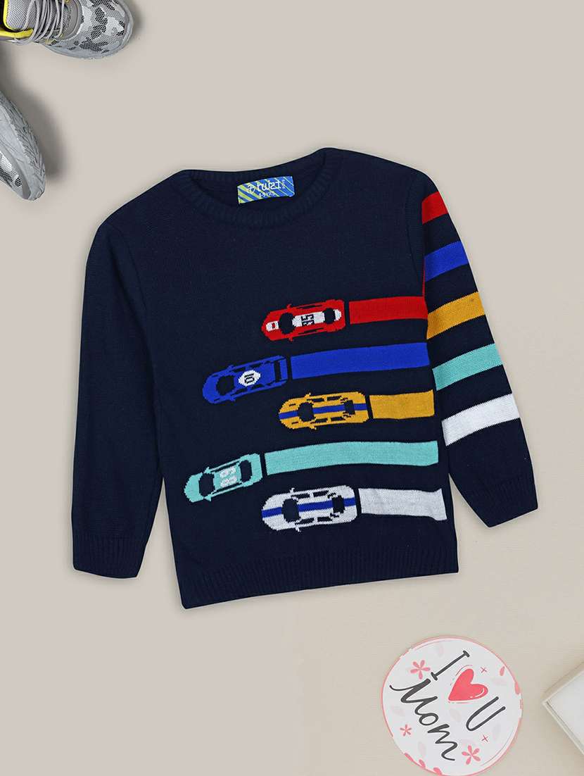 boys navy blue printed full sleeve sweater - 20595742 -  Zoom Image - 0