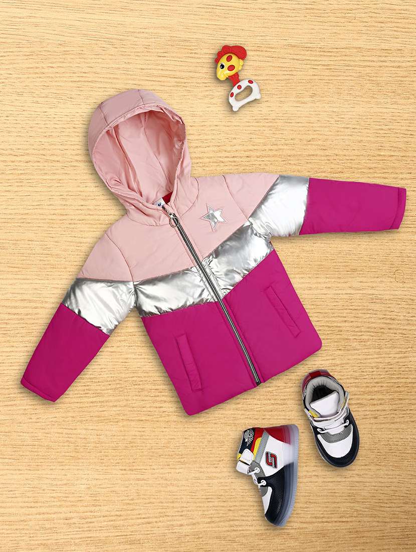 unisex pink full sleeve color block quilted hooded jacket - 20595893 -  Zoom Image - 0