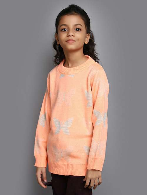 girls self design round neck peach sweater - 20595957 -  Standard Image - 0