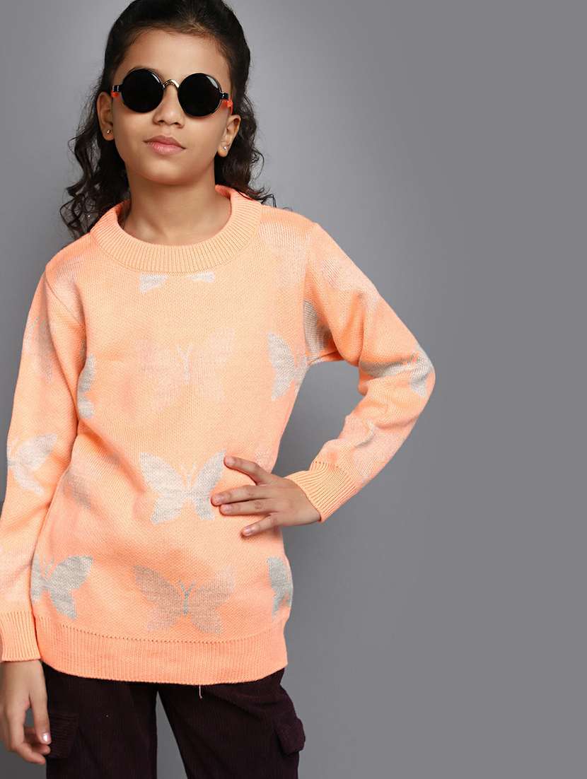 girls self design round neck peach sweater - 20595957 -  Standard Image - 3