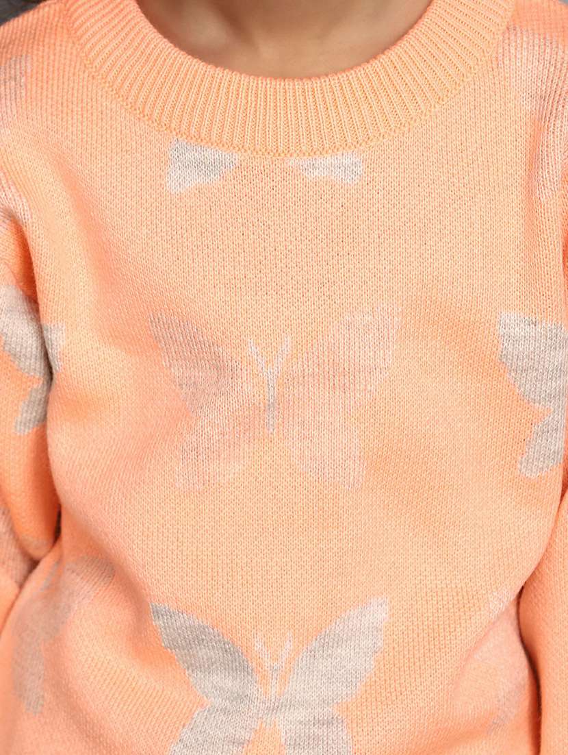 girls self design round neck peach sweater - 20595957 -  Standard Image - 5
