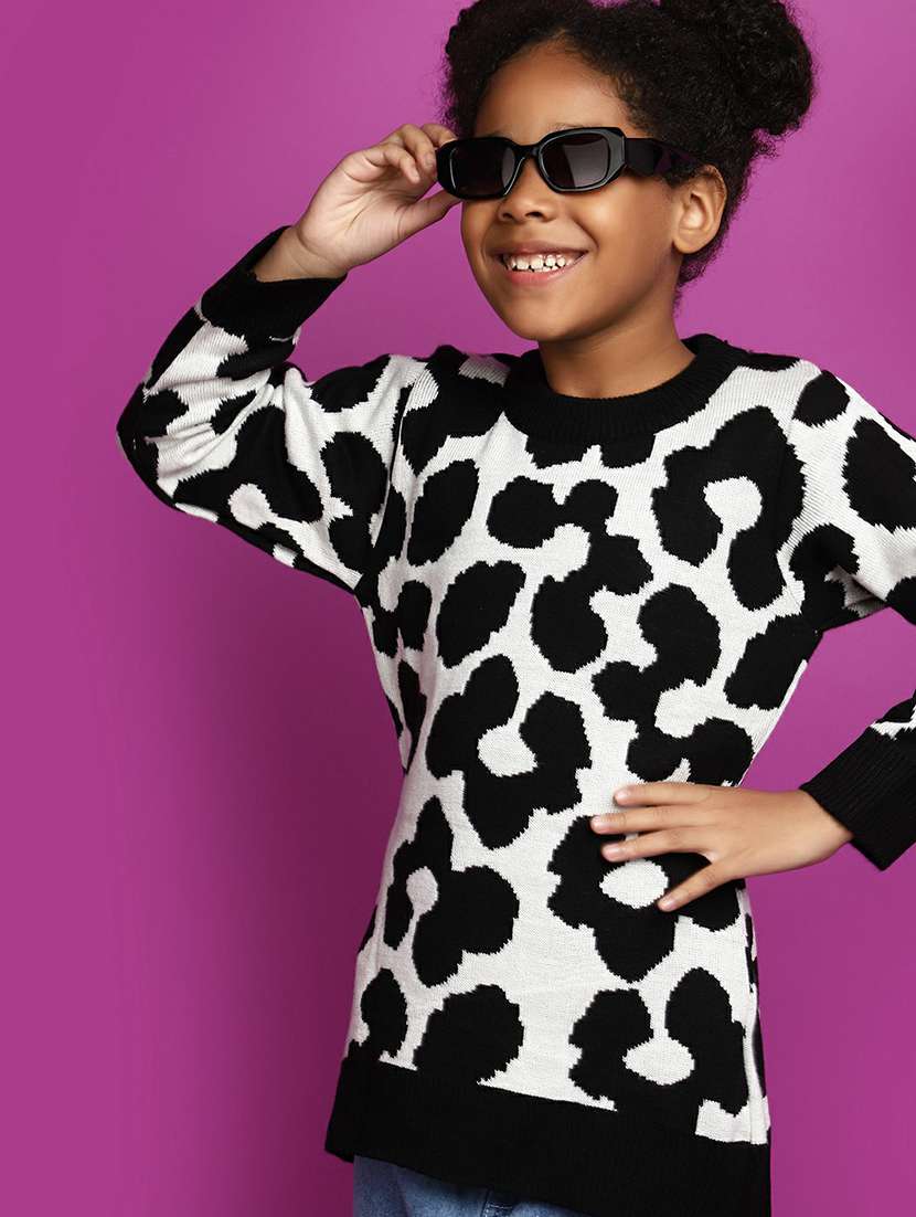 girls self design black & white sweater - 20595958 -  Standard Image - 3