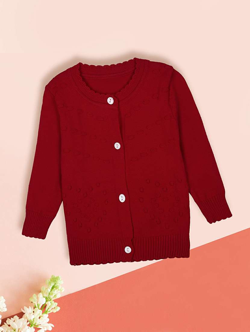 girls self design red cardigan - 20595959 -  Zoom Image - 0