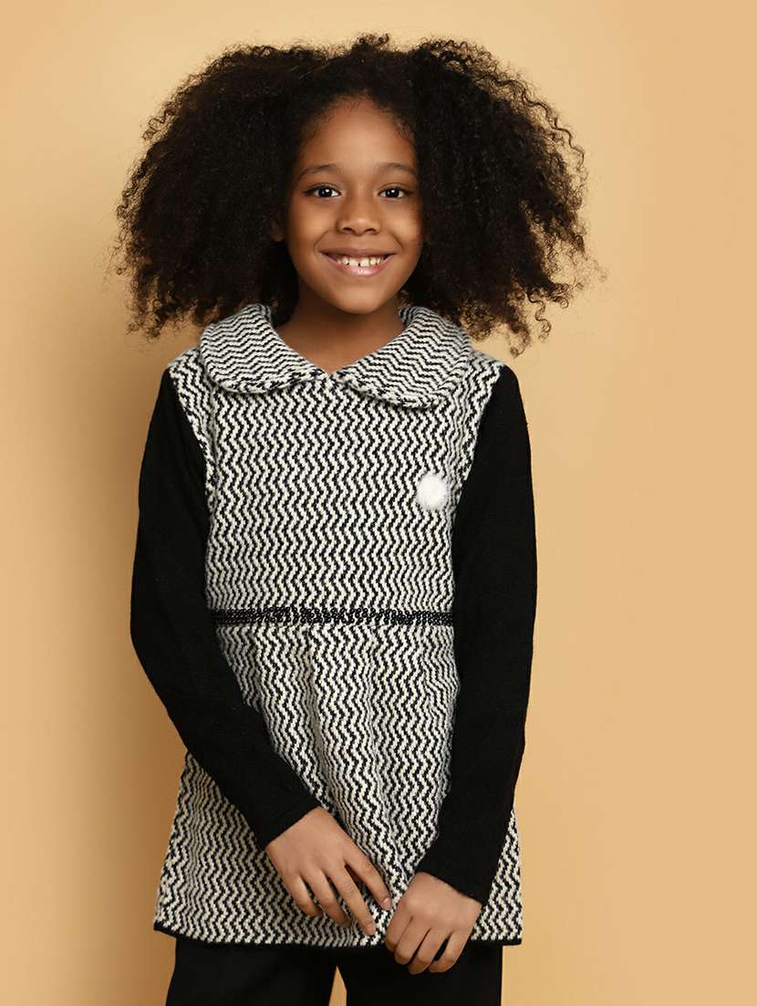 girls black self-designed full sleeve sweater 