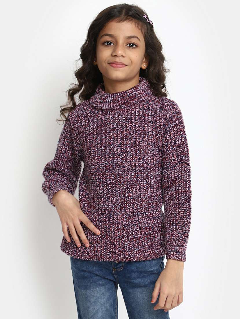 girls purple self-designed full sleeve sweater 