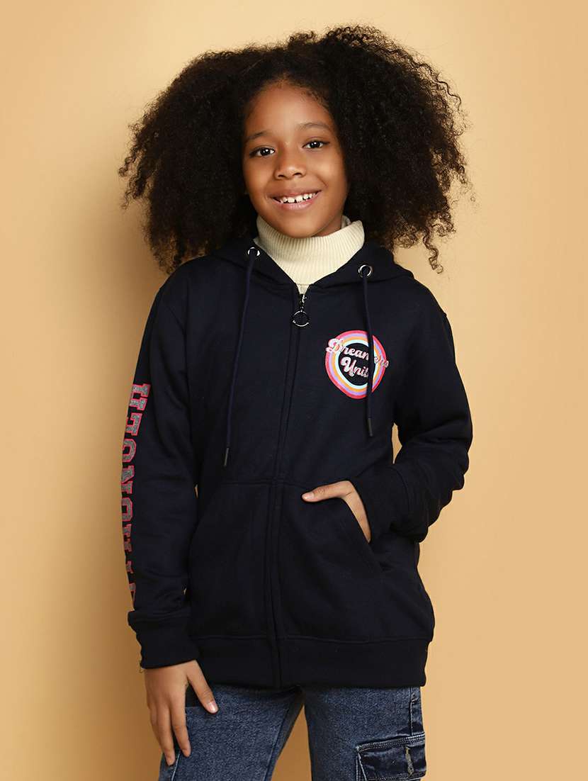 kids navy blue placement printed zipper sweatshirt